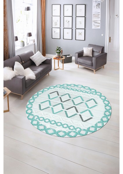Dijital Kaymaz Taban Yıkanabilir Modern Desen Yuvarlak Mutfak Salon Halısı, N-Y-Modern-81-Turkuaz,