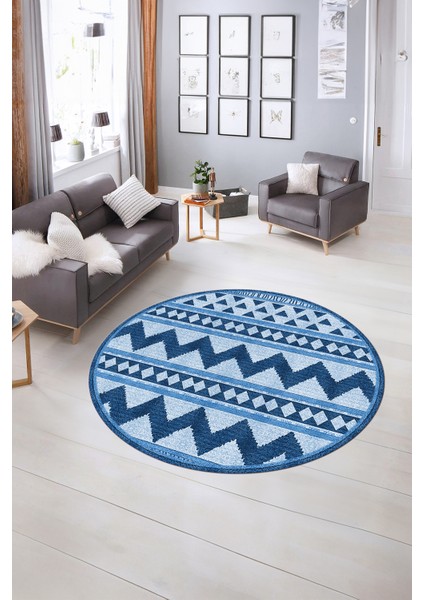 Dijital Kaymaz Taban Yıkanabilir Modern Desen Yuvarlak Mutfak Salon Halısı, N-Y-MODERN-105-MAVİ, indirimleri