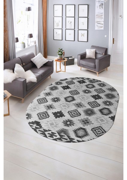 Dijital Kaymaz Yıkanabilir Modern Desen Oval Yolluk Mutfak Salon Halısı, N-O-Modern-99-Gri,
