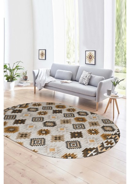 Dijital Kaymaz Yıkanabilir Modern Desen Oval Yolluk Mutfak Salon Halısı, N-O-Modern-99-Kahve,