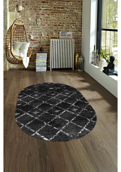 Dijital Kaymaz Yıkanabilir Modern Desen Oval Yolluk Mutfak Salon Halısı, N-O-Modern-57-Antrasit,