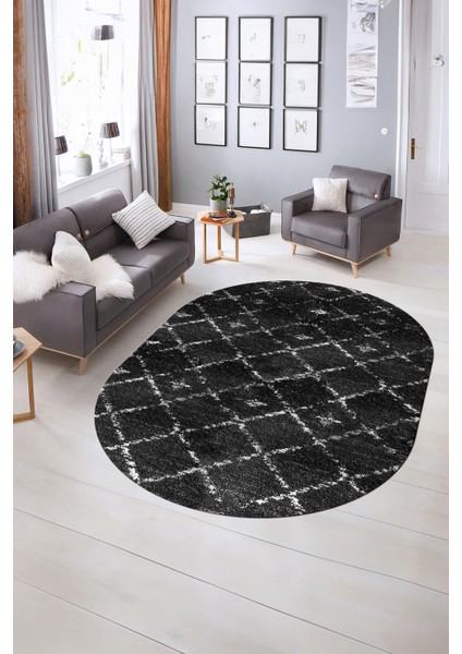 Dijital Kaymaz Yıkanabilir Modern Desen Oval Yolluk Mutfak Salon Halısı, N-O-Modern-57-Antrasit,