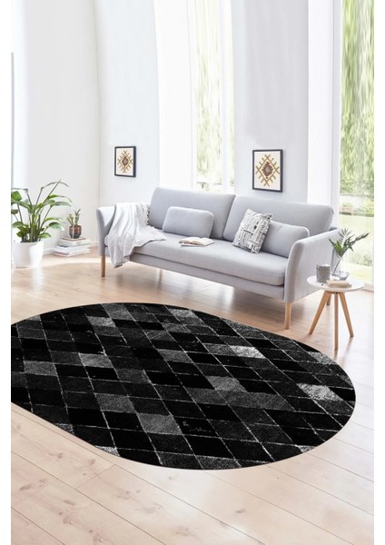 Dijital Kaymaz Yıkanabilir Modern Desen Oval Yolluk Mutfak Salon Halısı, N-O-Modern-31-Antrasit,