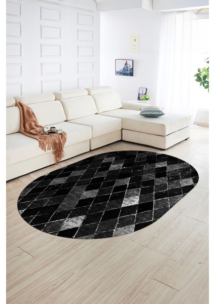 Dijital Kaymaz Yıkanabilir Modern Desen Oval Yolluk Mutfak Salon Halısı, N-O-Modern-31-Antrasit,