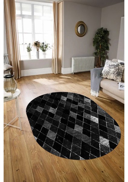 Dijital Kaymaz Yıkanabilir Modern Desen Oval Yolluk Mutfak Salon Halısı, N-O-Modern-31-Antrasit,