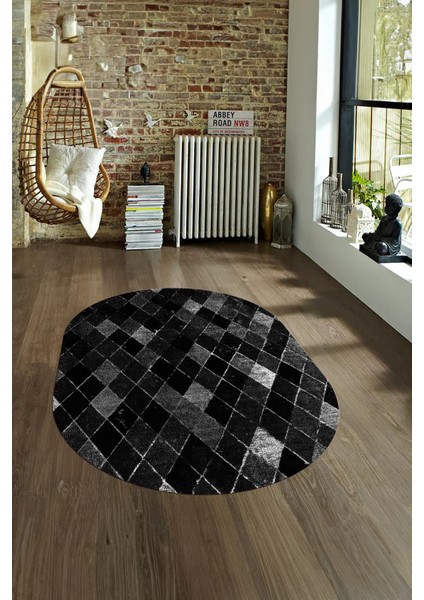 Dijital Kaymaz Yıkanabilir Modern Desen Oval Yolluk Mutfak Salon Halısı, N-O-Modern-31-Antrasit,