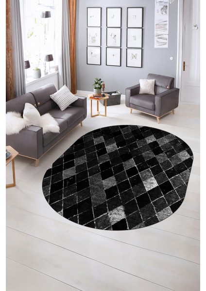 Dijital Kaymaz Yıkanabilir Modern Desen Oval Yolluk Mutfak Salon Halısı, N-O-Modern-31-Antrasit,