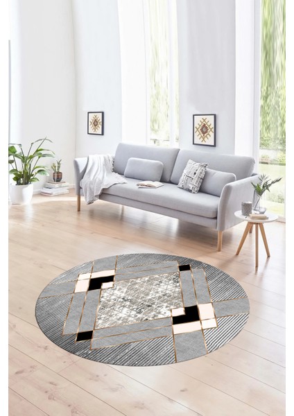 Dijital Kaymaz Taban Yıkanabilir Modern Desen Yuvarlak Mutfak Salon Halısı, N-Y-Modern-12-Gri,