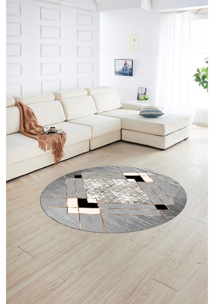 Dijital Kaymaz Taban Yıkanabilir Modern Desen Yuvarlak Mutfak Salon Halısı, N-Y-Modern-12-Gri,