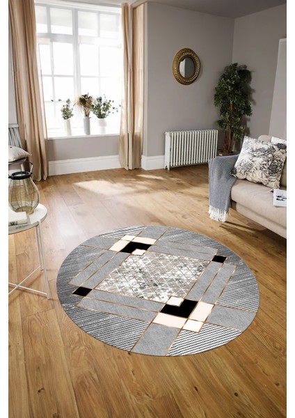 Dijital Kaymaz Taban Yıkanabilir Modern Desen Yuvarlak Mutfak Salon Halısı, N-Y-Modern-12-Gri,