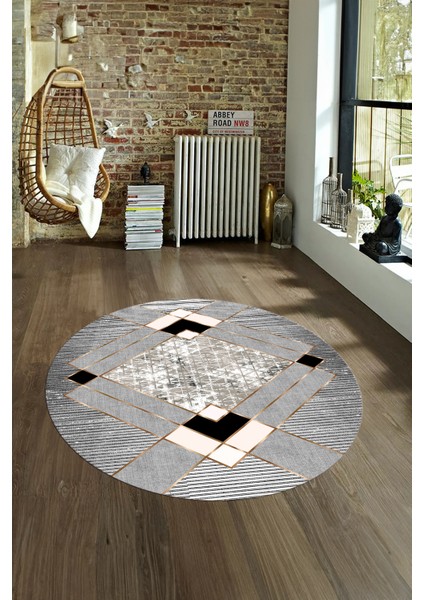 Dijital Kaymaz Taban Yıkanabilir Modern Desen Yuvarlak Mutfak Salon Halısı, N-Y-Modern-12-Gri,