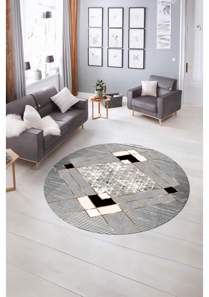 Dijital Kaymaz Taban Yıkanabilir Modern Desen Yuvarlak Mutfak Salon Halısı, N-Y-Modern-12-Gri,