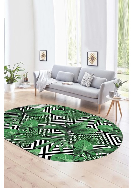 Dijital Kaymaz Yıkanabilir Modern Desen Oval Yolluk Mutfak Salon Halısı, N-O-MODERN-100-YEŞİL,