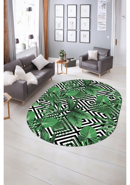 Dijital Kaymaz Yıkanabilir Modern Desen Oval Yolluk Mutfak Salon Halısı, N-O-MODERN-100-YEŞİL, indirimleri