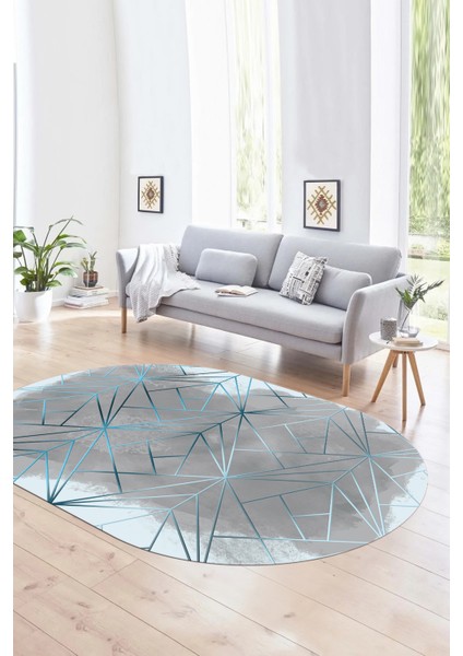 Dijital Kaymaz Yıkanabilir Modern Desen Oval Yolluk Mutfak Salon Halısı, N-O-Modern-44-Mavi,