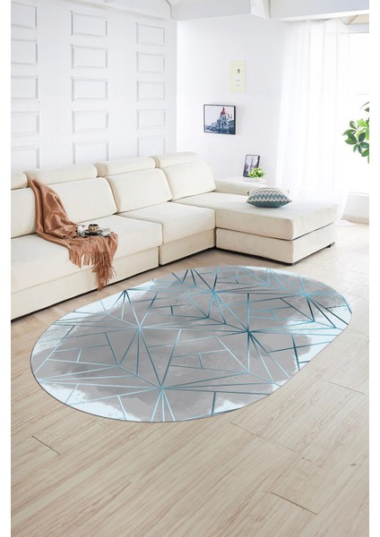Dijital Kaymaz Yıkanabilir Modern Desen Oval Yolluk Mutfak Salon Halısı, N-O-Modern-44-Mavi,