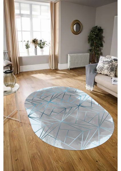 Dijital Kaymaz Yıkanabilir Modern Desen Oval Yolluk Mutfak Salon Halısı, N-O-Modern-44-Mavi,