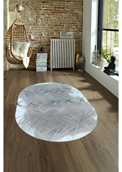 Dijital Kaymaz Yıkanabilir Modern Desen Oval Yolluk Mutfak Salon Halısı, N-O-Modern-44-Mavi,
