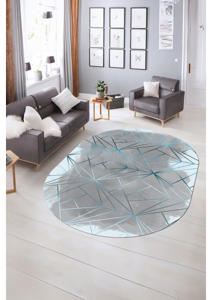 Dijital Kaymaz Yıkanabilir Modern Desen Oval Yolluk Mutfak Salon Halısı, N-O-Modern-44-Mavi,