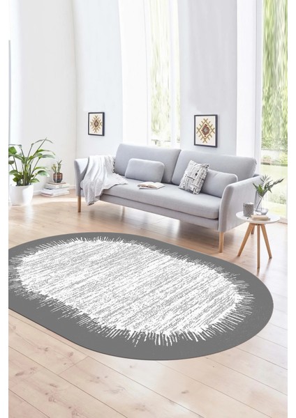 Dijital Kaymaz Yıkanabilir Modern Desen Oval Yolluk Mutfak Salon Halısı, N-O-Modern-43-Gri,
