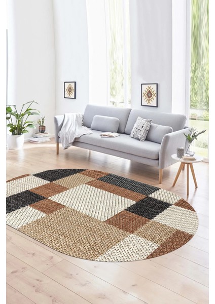 Dijital Kaymaz Yıkanabilir Modern Desen Oval Yolluk Mutfak Salon Halısı, N-O-Modern-77-Kahve,