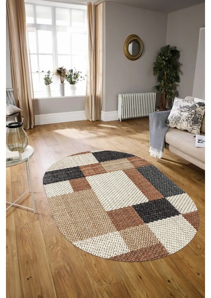 Dijital Kaymaz Yıkanabilir Modern Desen Oval Yolluk Mutfak Salon Halısı, N-O-Modern-77-Kahve, modelleri