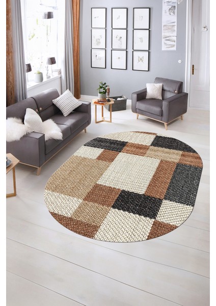 Dijital Kaymaz Yıkanabilir Modern Desen Oval Yolluk Mutfak Salon Halısı, N-O-Modern-77-Kahve, indirimleri