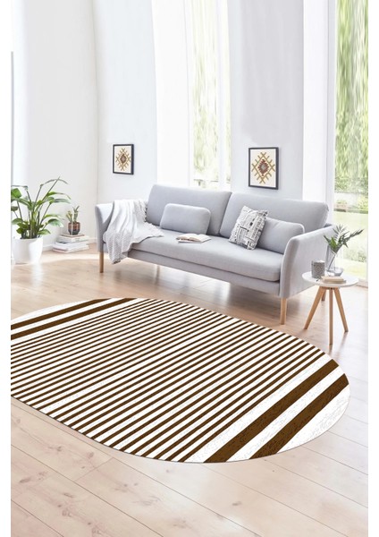 Dijital Kaymaz Yıkanabilir Modern Desen Oval Yolluk Mutfak Salon Halısı, N-O-Modern-63-Kahve,