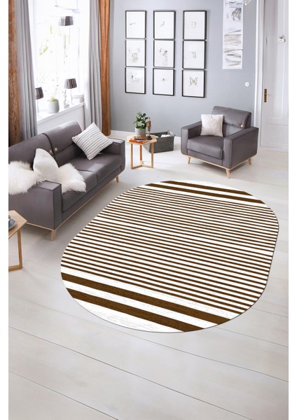 Dijital Kaymaz Yıkanabilir Modern Desen Oval Yolluk Mutfak Salon Halısı, N-O-Modern-63-Kahve, indirimleri