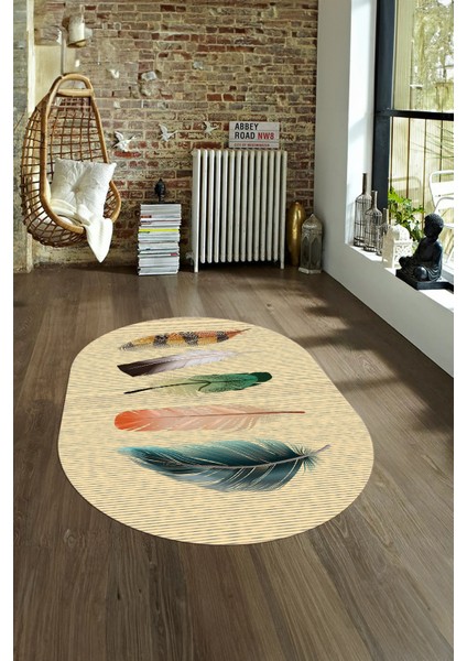 Dijital Kaymaz Yıkanabilir Modern Desen Oval Yolluk Mutfak Salon Halısı, N-O-MODERN-114-KREM, fırsatları