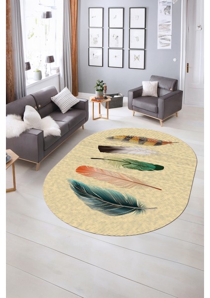 Dijital Kaymaz Yıkanabilir Modern Desen Oval Yolluk Mutfak Salon Halısı, N-O-MODERN-114-KREM, indirimleri