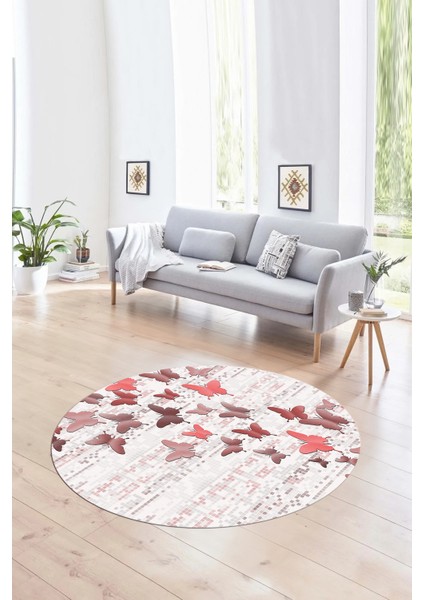 Dijital Kaymaz Taban Yıkanabilir Modern Desen Yuvarlak Mutfak Salon Halısı, N-Y-Modern-42-Pembe,