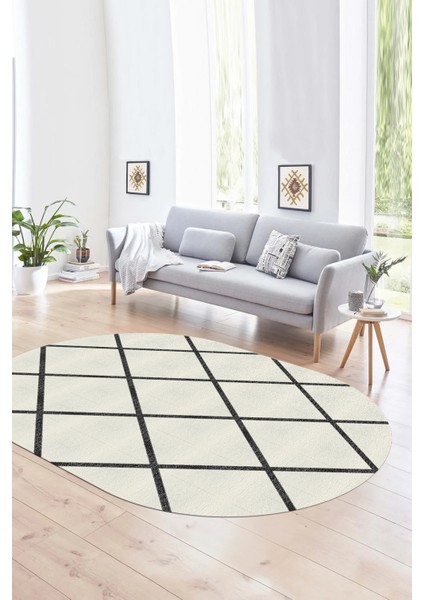Dijital Kaymaz Yıkanabilir Modern Desen Oval Yolluk Mutfak Salon Halısı, N-O-MODERN-116-KREM,
