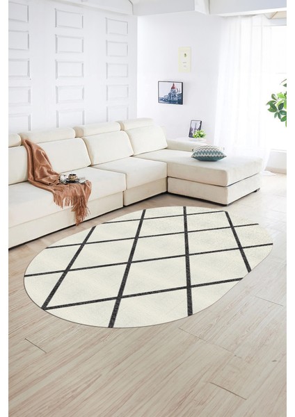 Dijital Kaymaz Yıkanabilir Modern Desen Oval Yolluk Mutfak Salon Halısı, N-O-MODERN-116-KREM, fiyatları