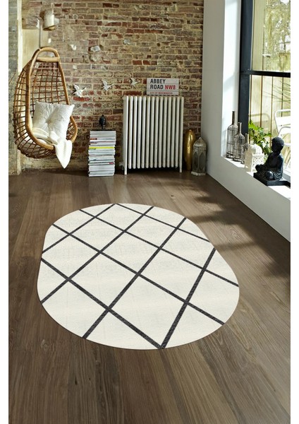 Dijital Kaymaz Yıkanabilir Modern Desen Oval Yolluk Mutfak Salon Halısı, N-O-MODERN-116-KREM, fırsatları