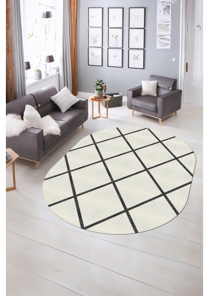 Dijital Kaymaz Yıkanabilir Modern Desen Oval Yolluk Mutfak Salon Halısı, N-O-MODERN-116-KREM, indirimleri