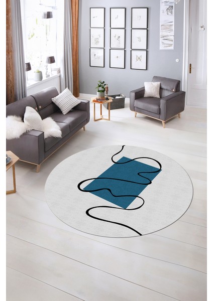 Dijital Kaymaz Taban Yıkanabilir Modern Desen Yuvarlak Mutfak Salon Halısı, N-Y-Modern-61-Mavi, indirimleri