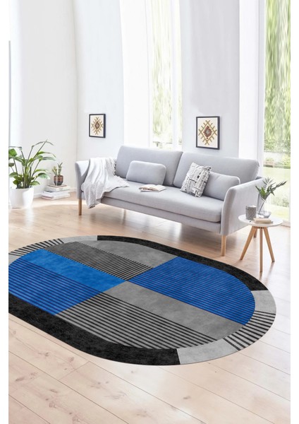 Dijital Kaymaz Yıkanabilir Modern Desen Oval Yolluk Mutfak Salon Halısı, N-O-MODERN-107-MAVİ,