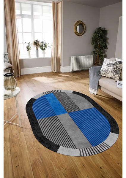 Dijital Kaymaz Yıkanabilir Modern Desen Oval Yolluk Mutfak Salon Halısı, N-O-MODERN-107-MAVİ, modelleri