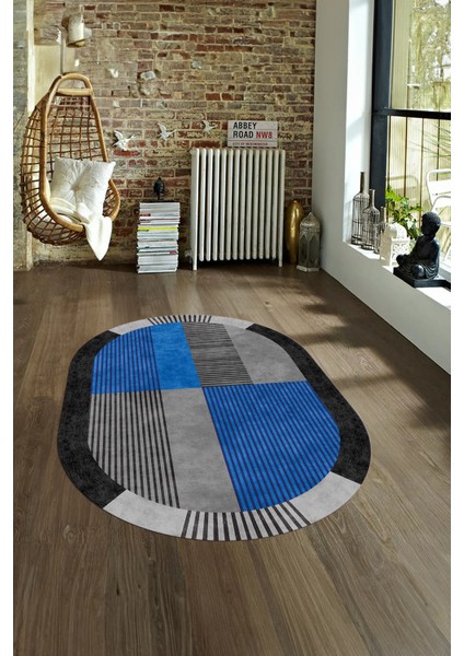 Dijital Kaymaz Yıkanabilir Modern Desen Oval Yolluk Mutfak Salon Halısı, N-O-MODERN-107-MAVİ, fırsatları