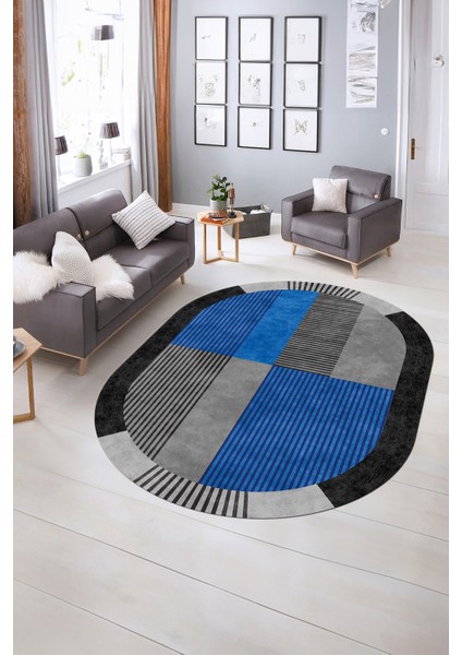 Dijital Kaymaz Yıkanabilir Modern Desen Oval Yolluk Mutfak Salon Halısı, N-O-MODERN-107-MAVİ, indirimleri