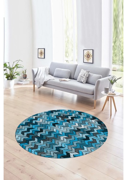 Dijital Kaymaz Taban Yıkanabilir Modern Desen Yuvarlak Mutfak Salon Halısı, N-Y-Modern-02-Mavi,