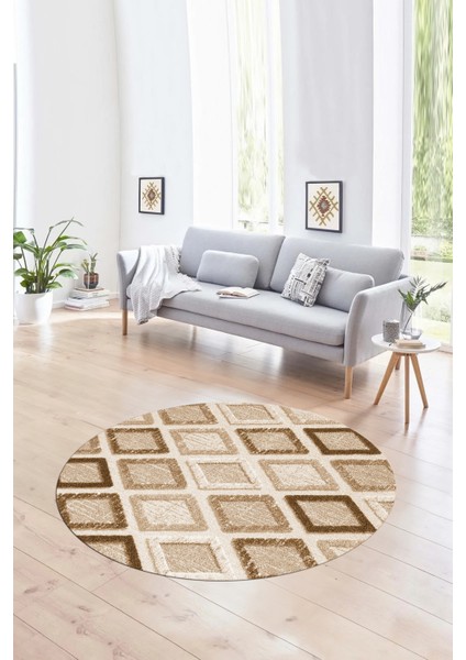 Dijital Kaymaz Taban Yıkanabilir Modern Desen Yuvarlak Mutfak Salon Halısı, N-Y-Modern-66-Kahve,