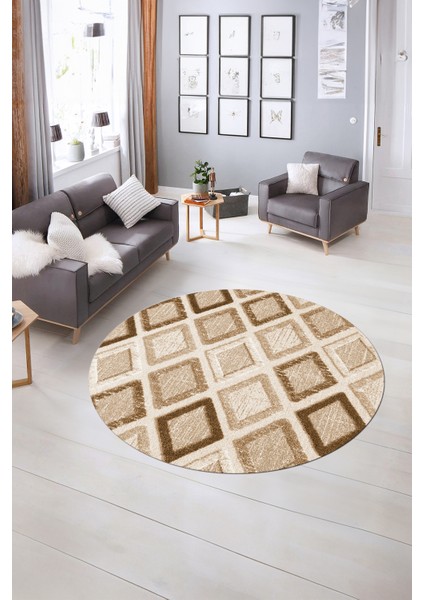 Dijital Kaymaz Taban Yıkanabilir Modern Desen Yuvarlak Mutfak Salon Halısı, N-Y-Modern-66-Kahve,