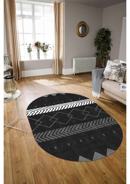 Dijital Kaymaz Yıkanabilir Modern Desen Oval Yolluk Mutfak Salon Halısı, N-O-Modern-75-Antrasit, modelleri