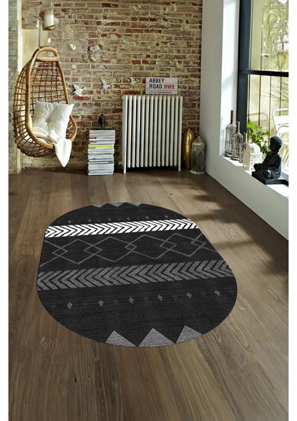 Dijital Kaymaz Yıkanabilir Modern Desen Oval Yolluk Mutfak Salon Halısı, N-O-Modern-75-Antrasit, fırsatları