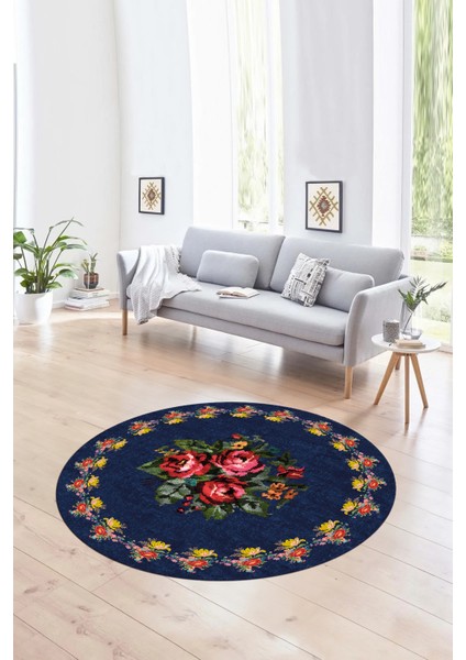 Dijital Kaymaz Taban Yıkanabilir Modern Desen Yuvarlak Mutfak Salon Halısı, N-Y-Modern-20-Mavi,