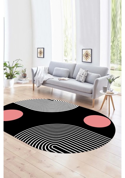 Dijital Kaymaz Yıkanabilir Modern Desen Oval Yolluk Mutfak Salon Halısı, N-O-Modern-52-Pembe,