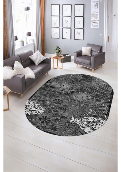 Dijital Kaymaz Yıkanabilir Modern Desen Oval Yolluk Mutfak Salon Halısı, N-O-Modern-15-Antrasit,