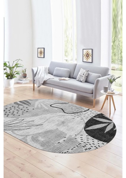Dijital Kaymaz Yıkanabilir Modern Desen Oval Yolluk Mutfak Salon Halısı, N-O-Modern-79-Gri,